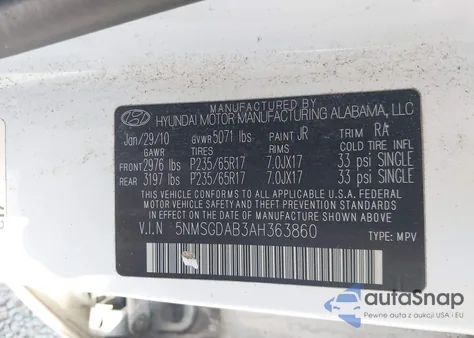 2010 Hyundai Santa Fe Gls from USA, damaged, VIN 5NMSGDAB3AH363860